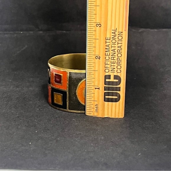 vintage brass cuff bracelet eameled 60s 70 pop design 1.5 inch thick orange red - Picture 7 of 12